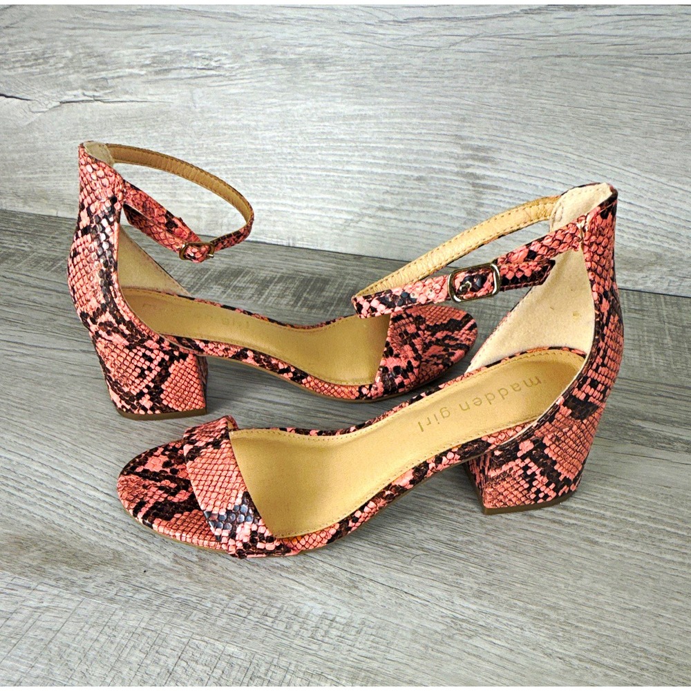 Madden Girl Women 6 Pink Snake Print Strappy Block Heel Sandals ILEA01J1